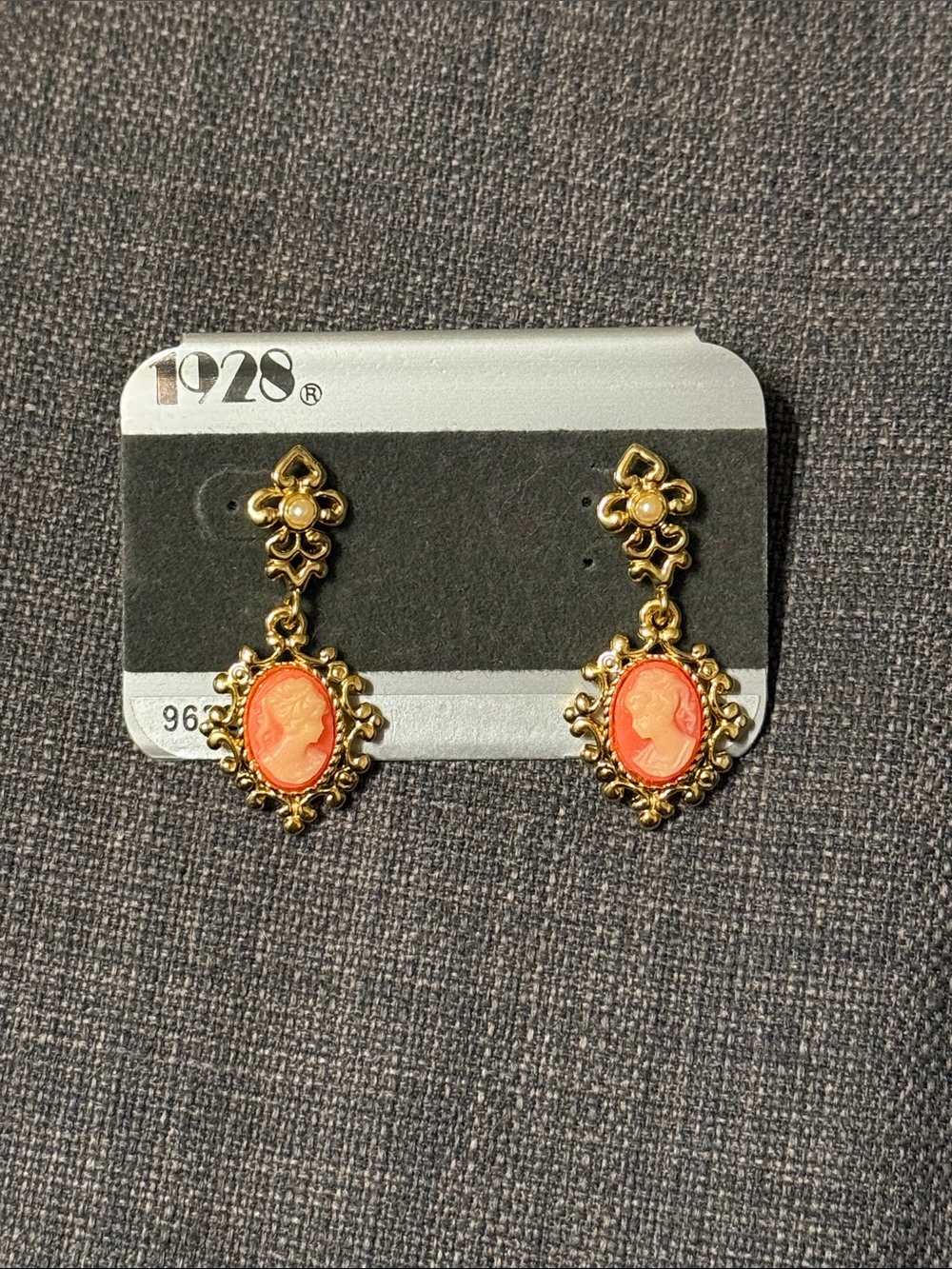 1928 Vintage Gold-Tone Coral Cameo Drop Earrings